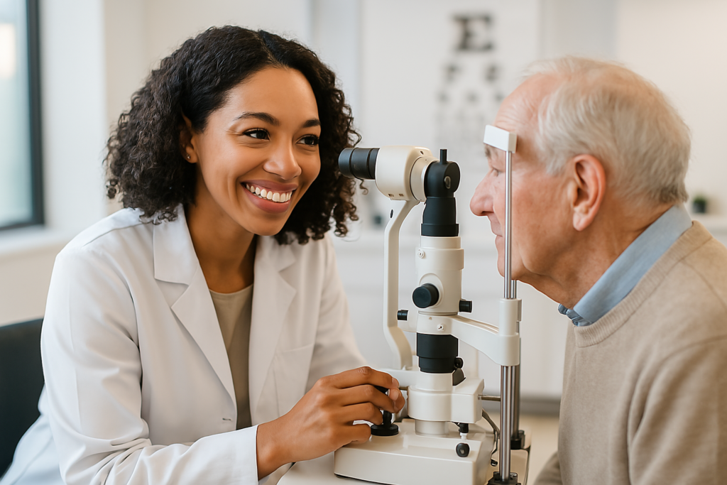 Friendly eye doctor performing eye exam on a calm senior patient