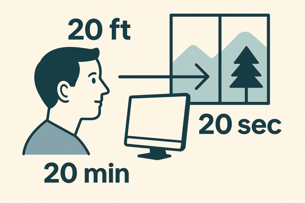Illustration explaining the 20-20-20 rule for taking screen breaks to reduce eye strain
