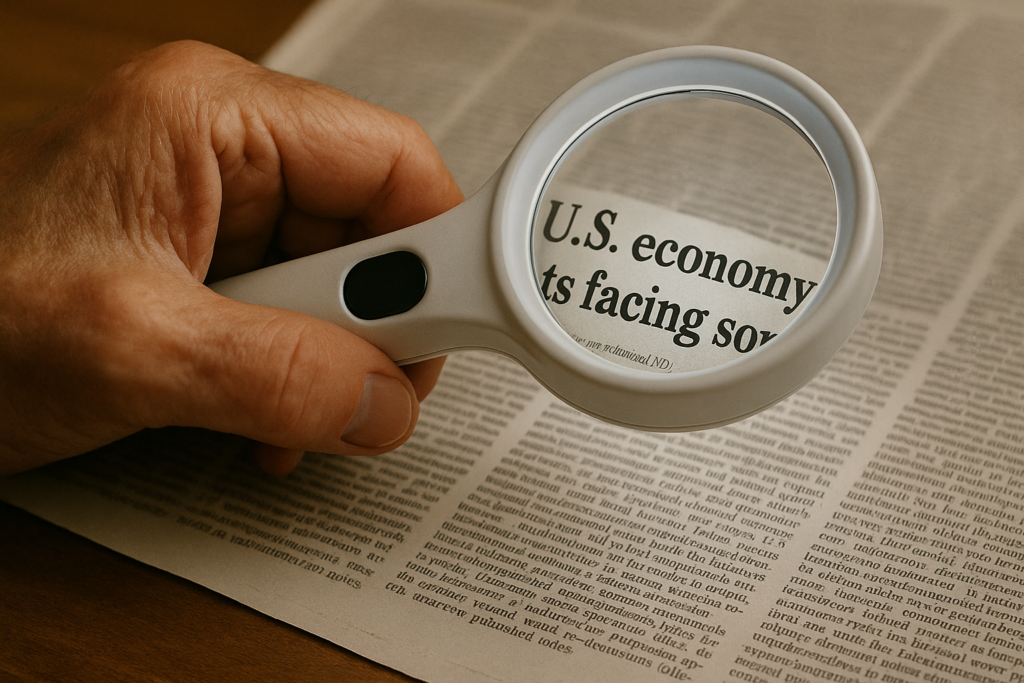 Senior using an illuminated handheld magnifier to read small print on a label.