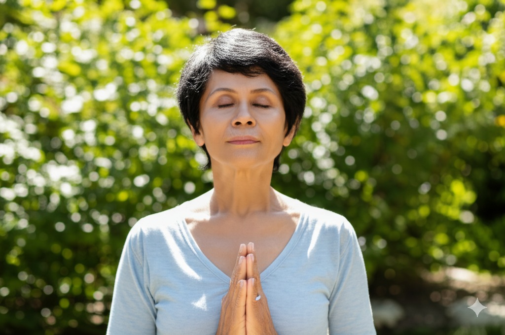 Senior woman practicing mindful breathing for relaxation and stress reduction