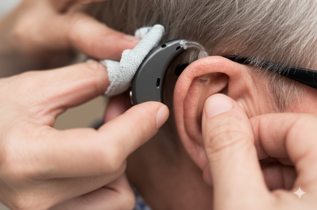 Gently wiping a hearing aid with a soft cloth for daily cleaning