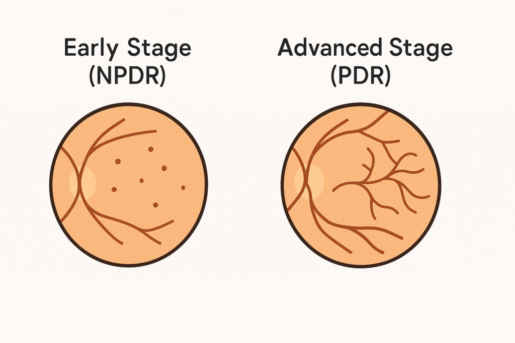 Simplified diagram comparing early (NPDR) and advanced (PDR) stages of diabetic retinopathy.