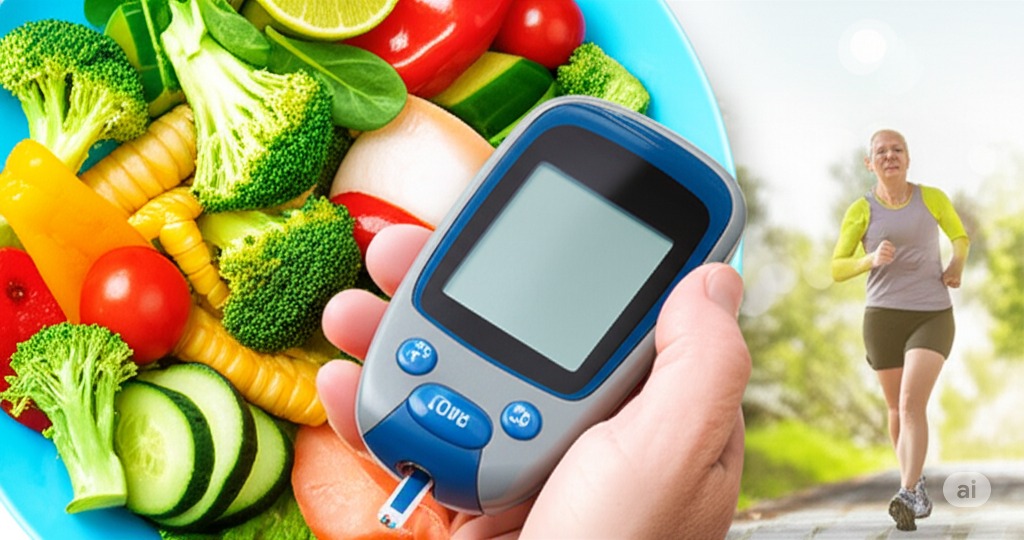 Collage representing healthy diabetes management including blood sugar monitoring, healthy eating, and exercise.
