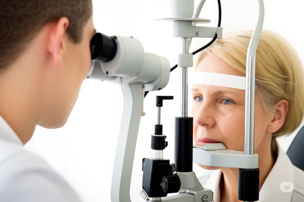 Ophthalmologist examining a senior patient's retina during a dilated eye exam for diabetic retinopathy.