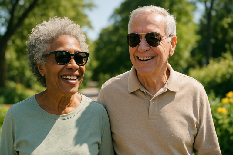 Active senior couple wearing sunglasses