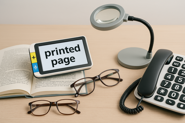 collection of modern assistive vision aids like magnifiers and large button phones