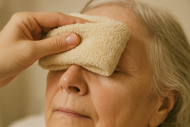 Applying a gentle warm compress over closed eyes for dry eye relief