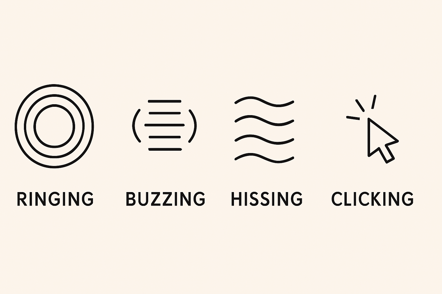Abstract icons representing common tinnitus sounds like ringing, buzzing, and hissing