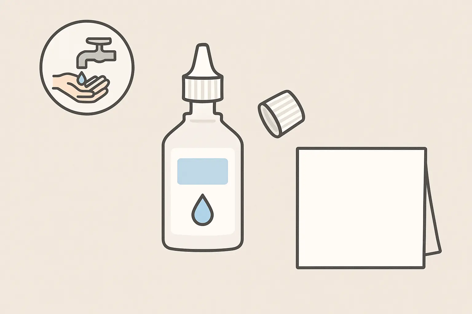 Items needed for eye drop preparation: bottle, clean hands symbol, tissue