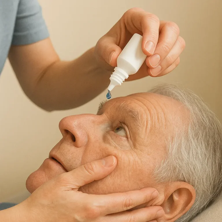 Caregiver steadying hand on senior's forehead while positioning eye drop bottle correctly.
