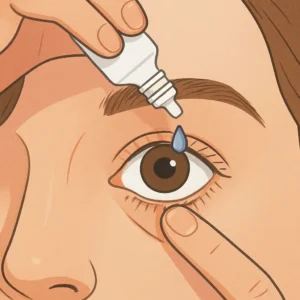 Illustration showing correct technique for self-administering eye drops by creating a lower eyelid pocket.