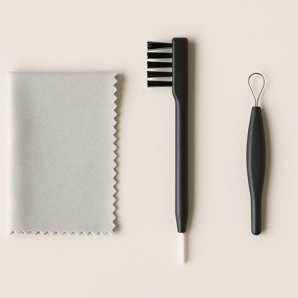 Basic hearing aid cleaning tools: soft cloth, brush, and wax pick.