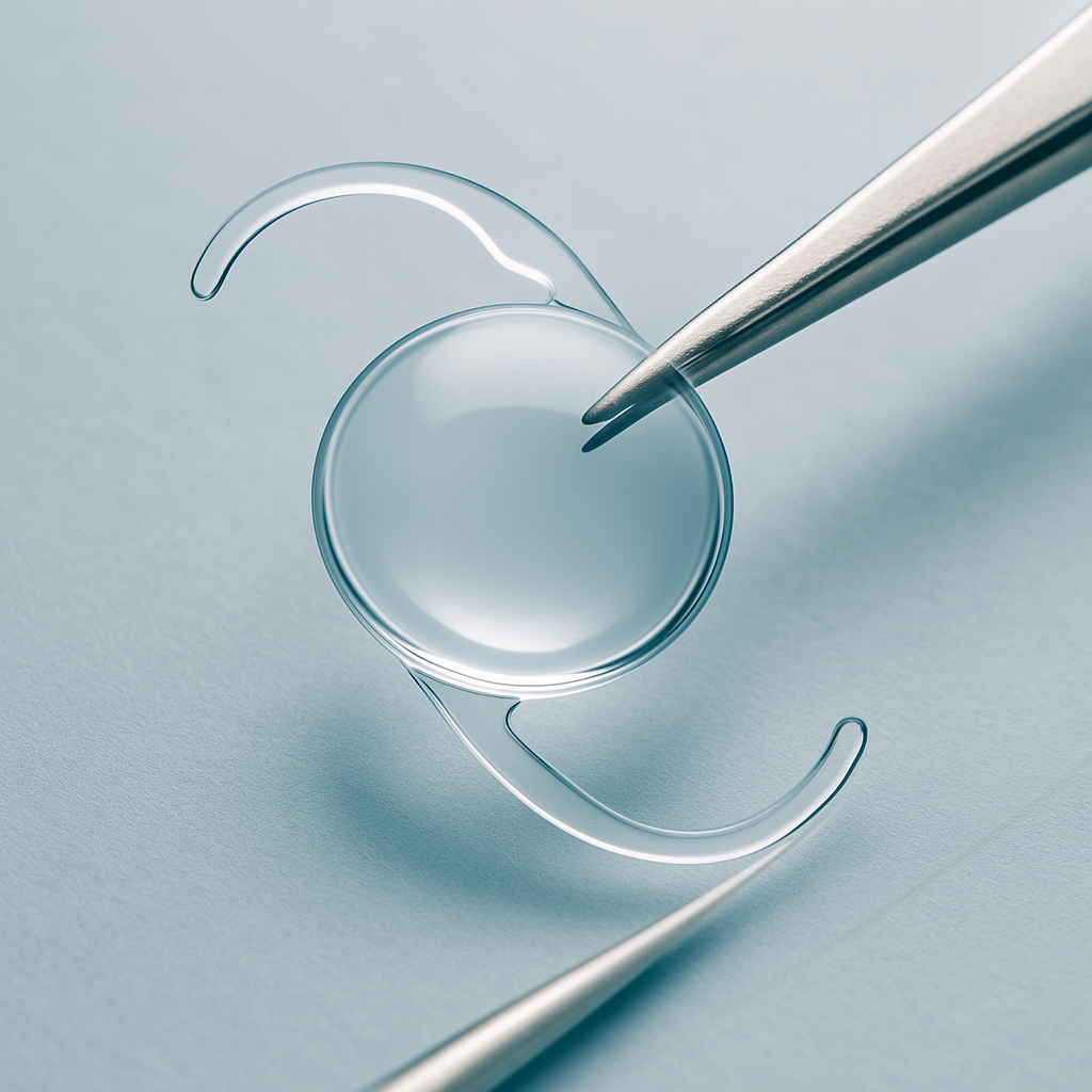 Close-up image of a clear artificial intraocular lens (IOL) used in cataract surgery