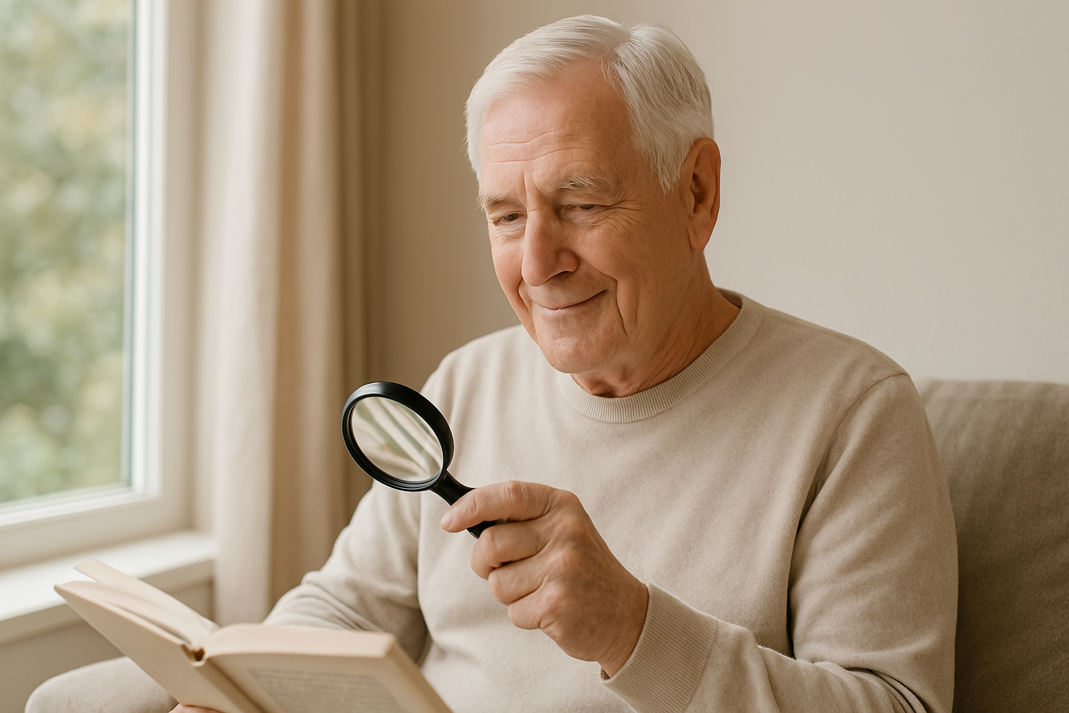 Senior comfortably reading a book using a handheld magnifier by a window.