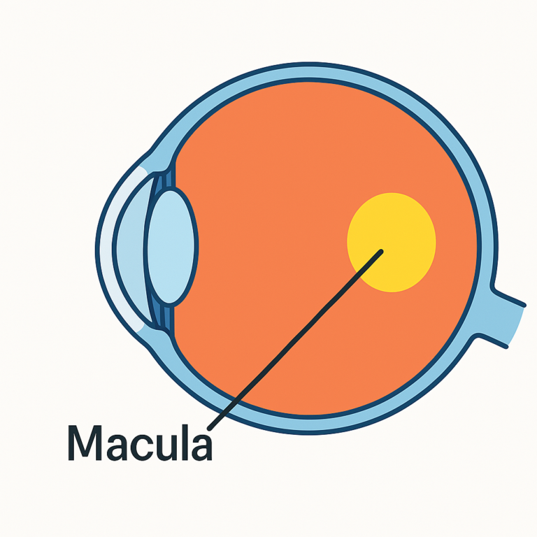 Simple diagram of the eye highlighting the location of the macula on the retina.