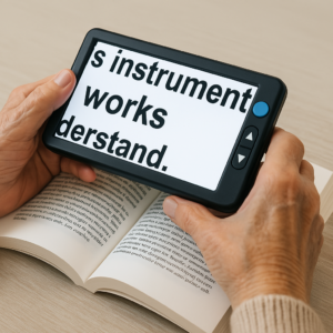 Close-up showing a senior using an electronic video magnifier to read enlarged text.