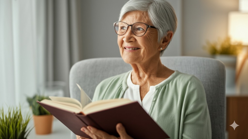 a woman in glasses and a green sweater is smiling and holding a book