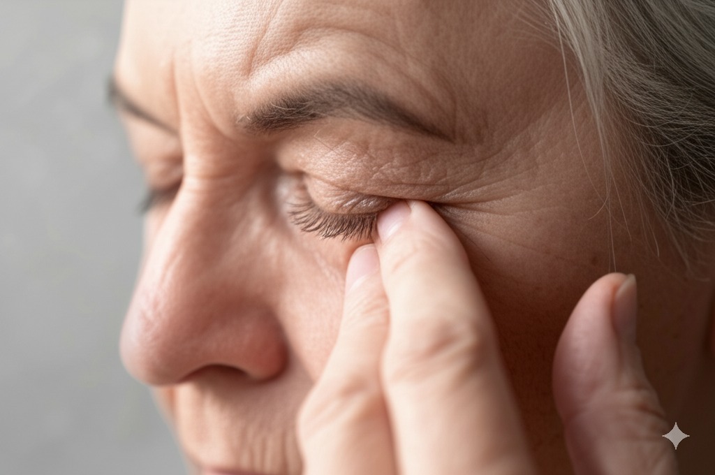 Close-up of a senior experiencing mild eye discomfort associated with dry eye syndrome