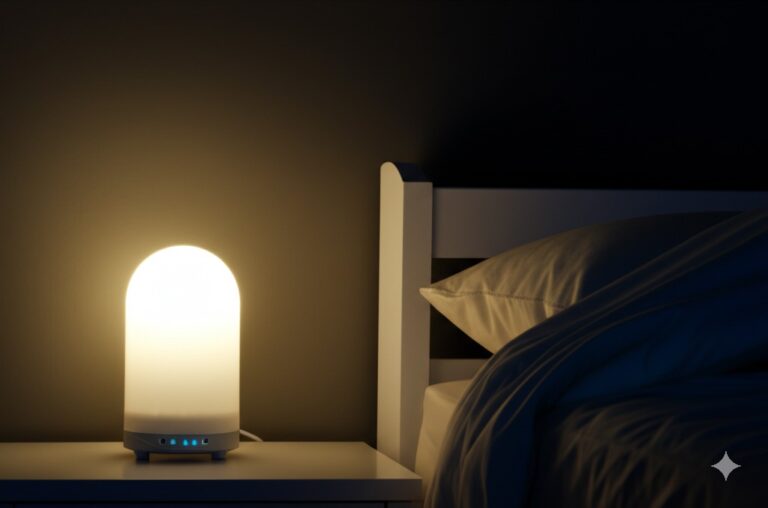 Tabletop white noise machine providing sound therapy on a nightstand