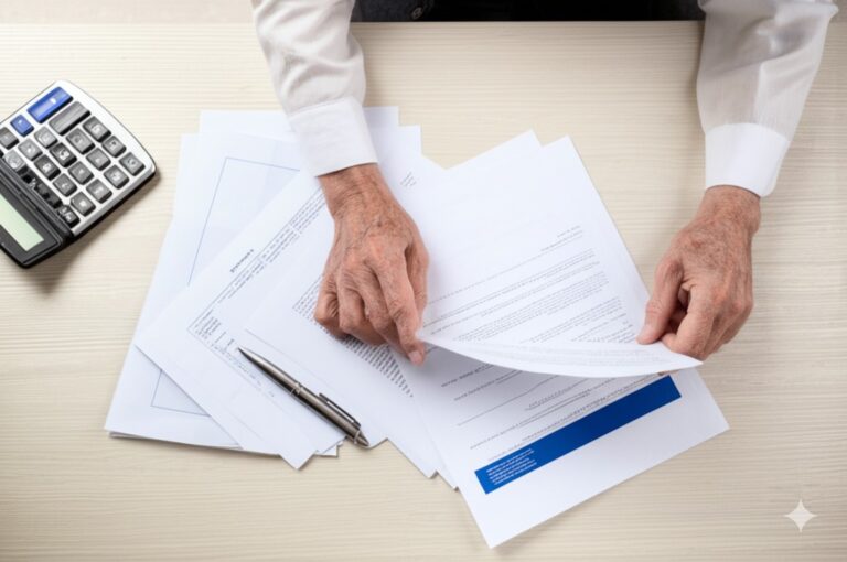 Senior reviewing insurance documents and financial options for healthcare costs at a table