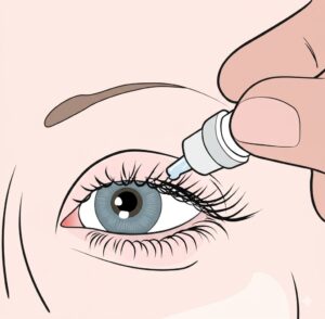 Proper technique for administering eye drops during cataract surgery recovery.
