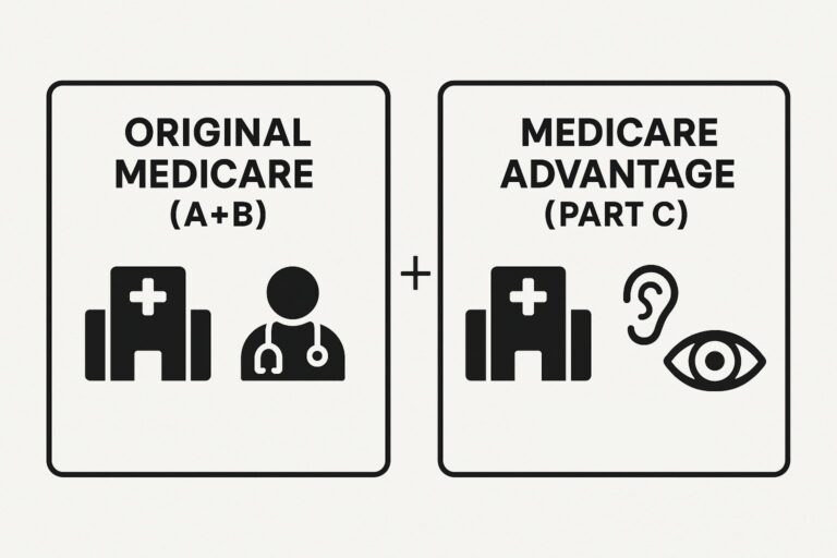 Graphic comparing Original Medicare benefits to Medicare Advantage benefits, highlighting potential extra coverage like hearing