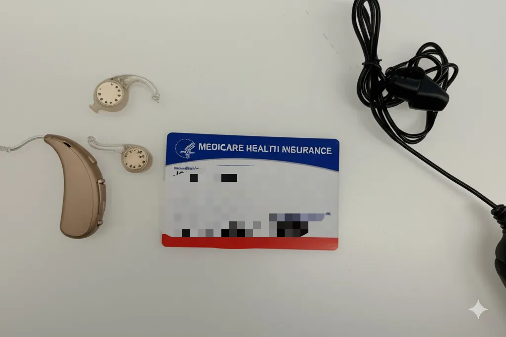 Medicare card shown next to a pair of modern hearing aids, representing hearing aid coverage decisions