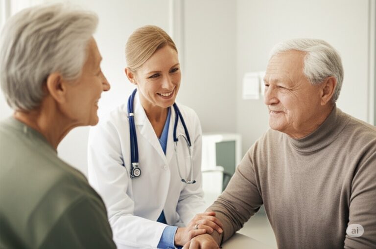 Eye doctor reassuring a senior patient after a comprehensive eye examination